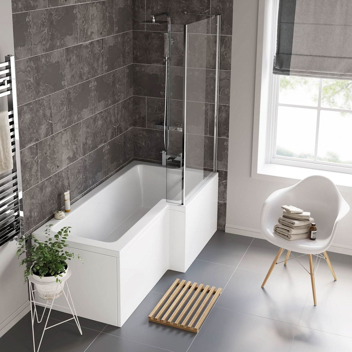iBathUK Axis Right Hand L-Shaped Shower Bath, Includes Glass Screen & Front Panel, Modern Space-Saving Bath Design, Durable L Shaped Bath Screen, 1700mm