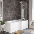 iBathUK Axis Right Hand L-Shaped Shower Bath, Includes Glass Screen & Front Panel, Modern Space-Saving Bath Design, Durable L Shaped Bath Screen, 1700mm