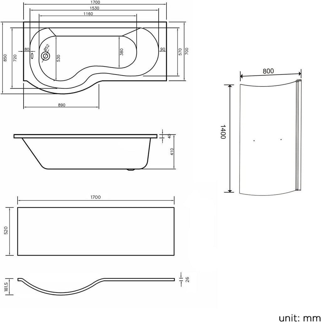 iBathUK Strux Left Hand P-Shaped Shower Bath with Screen, Rail & Front Panel, Modern P Shaped Bath with Screen, 1700 x 850mm