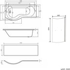 iBathUK Strux Left Hand P-Shaped Shower Bath with Screen, Rail & Front Panel, Modern P Shaped Bath with Screen, 1700 x 850mm
