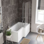 iBathUK Strux Right Hand L-Shaped Shower Bath, Modern Acrylic Bath with Toughened Glass Screen Included, P Shaped Bath with Screen, 1700 x 850mm
