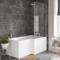 iBathUK Strux Right Hand L-Shaped Shower Bath, Modern Acrylic Bath with Toughened Glass Screen Included, P Shaped Bath with Screen, 1700 x 850mm