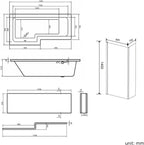 iBathUK Veil Left Hand L-Shaped Shower Bath, Modern Acrylic Bathtub with Glass Shower Screen & Matching Front Panel, L Shaped Bath Screen, 1700mm