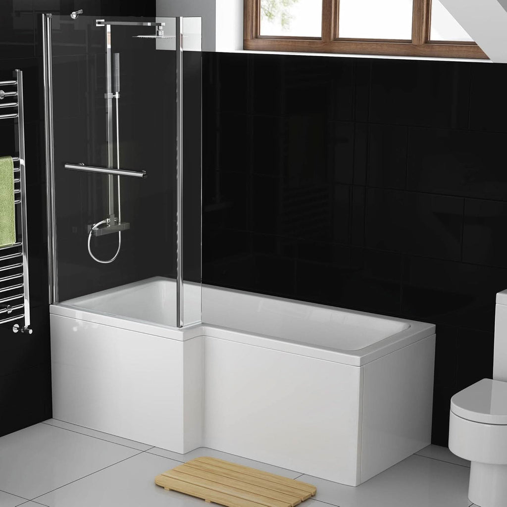 iBathUK Veil Left Hand L-Shaped Shower Bath, Straight Acrylic Bathtub with Glass Screen & Panel, L Shaped Bath Screen, 1700mm