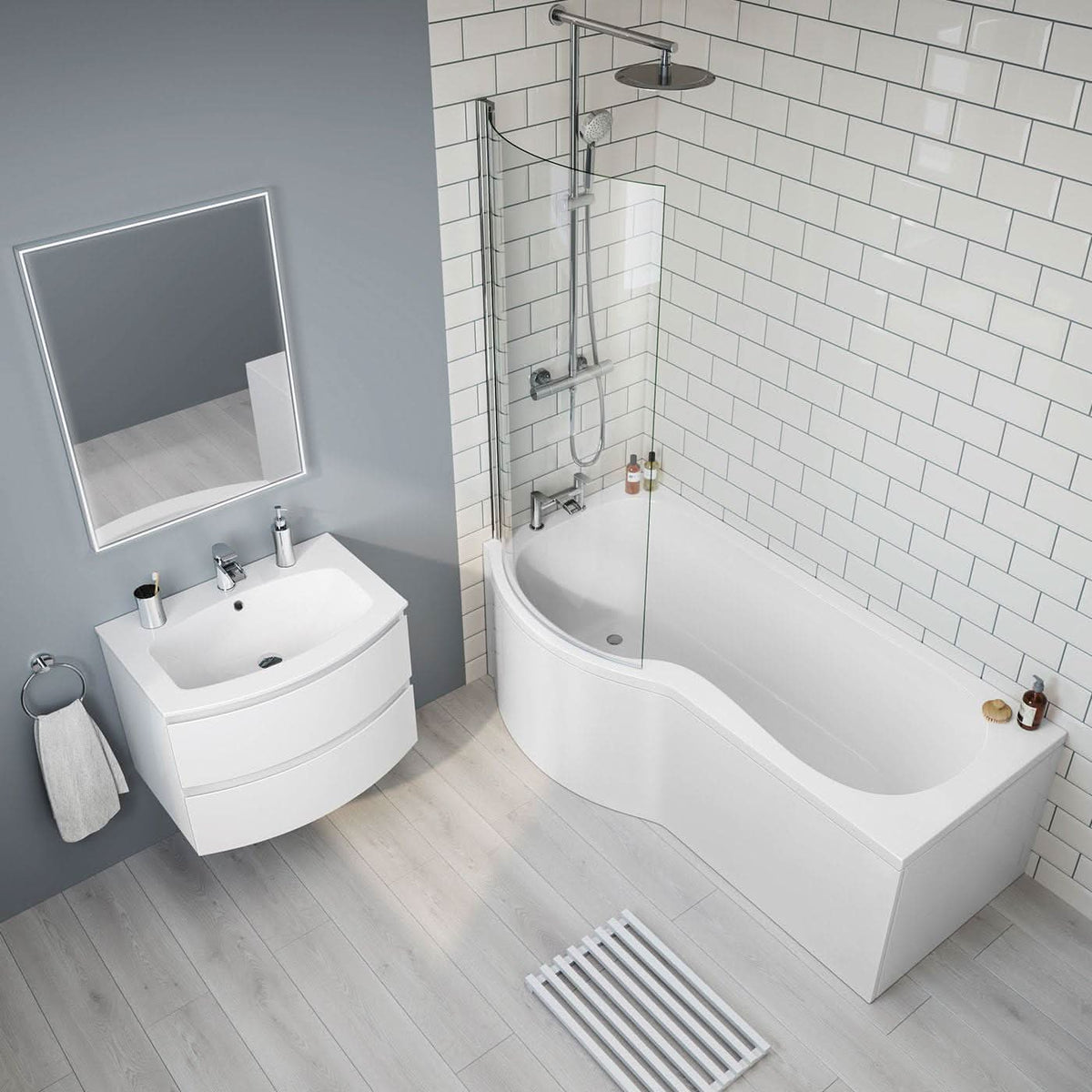 iBathUK Soffra Left Hand P-Shaped Shower Bath, Luxury Acrylic Bathtub with Glass Shower Screen & Matching Front Panel, P Shaped Bath with Screen, 1700mm