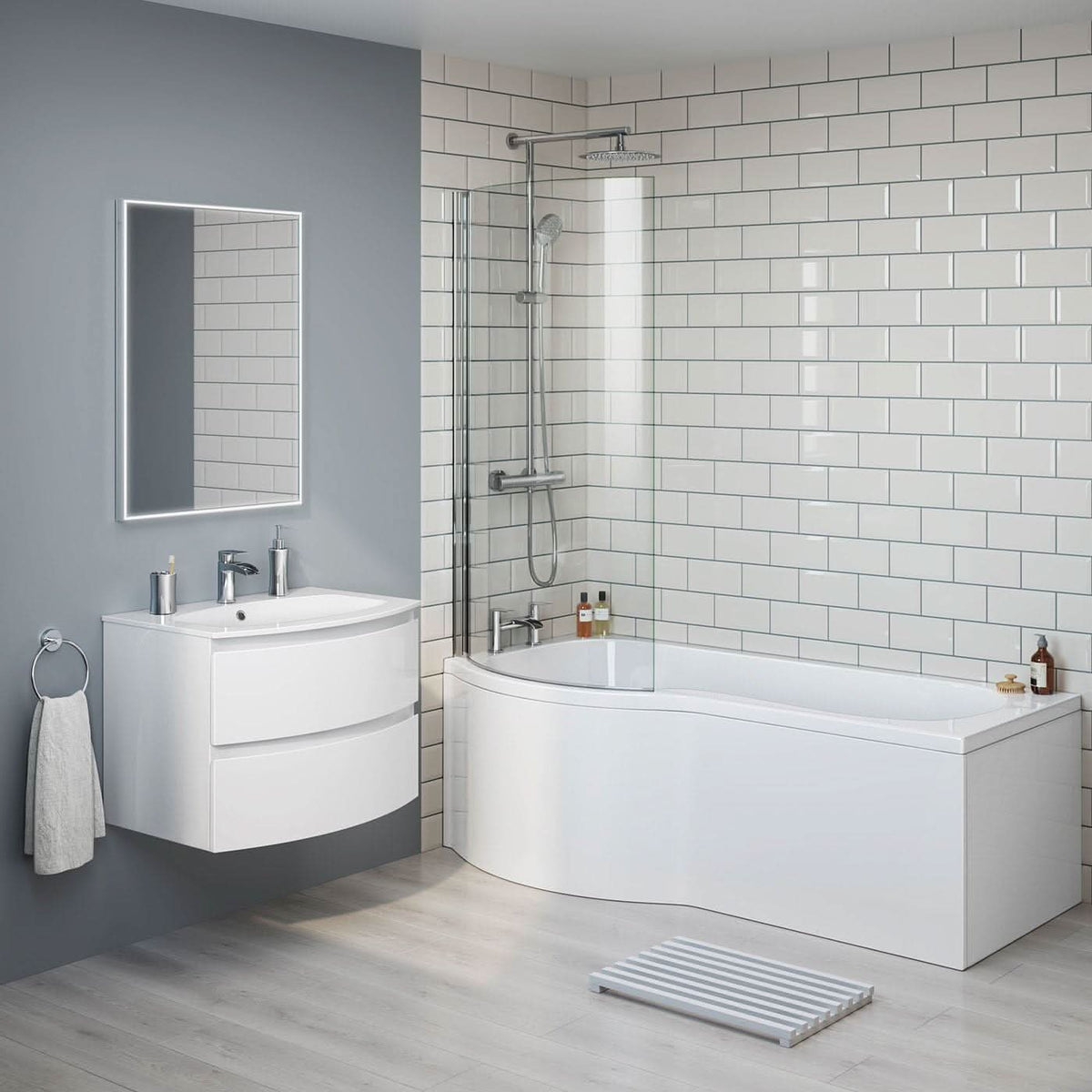 iBathUK Soffra Left Hand P-Shaped Shower Bath, Luxury Acrylic Bathtub with Glass Shower Screen & Matching Front Panel, P Shaped Bath with Screen, 1700mm