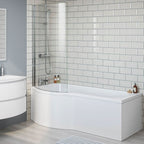iBathUK Soffra Left Hand P-Shaped Shower Bath, Luxury Acrylic Bathtub with Glass Shower Screen & Matching Front Panel, P Shaped Bath with Screen, 1700mm