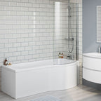 iBathUK Soffra Right Hand P-Shaped Shower Bath, Luxury Acrylic Straight Bathtub with Glass Screen & Matching Front Panel, P Shaped Bath with Screen, 1700mm