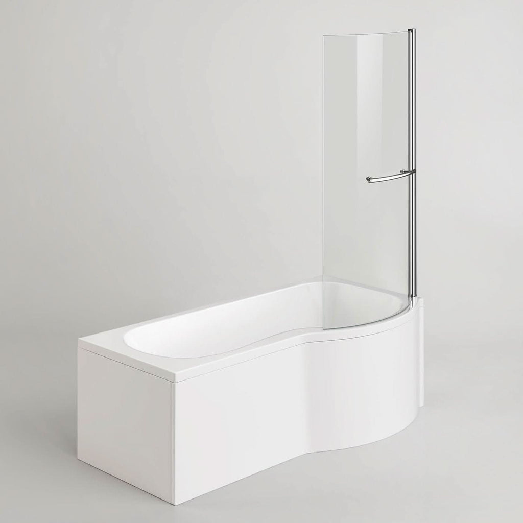 iBathUK Soffra Right Hand P-Shaped Shower Bath, Luxury Acrylic Bathtub with Glass Screen & Panel, P Shaped Bath with Screen, 1700mm