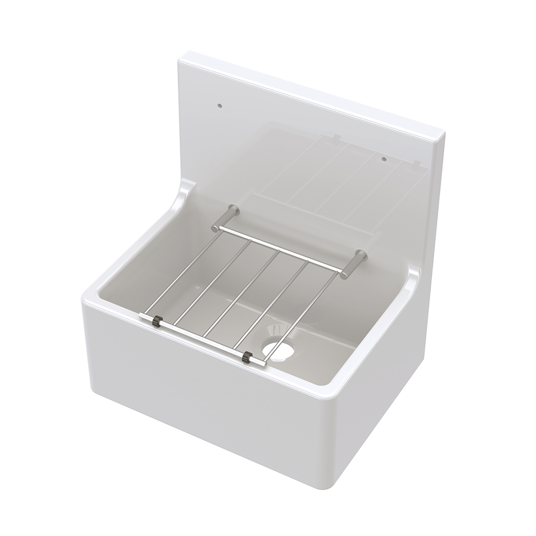 Inspire Single Bowl Traditional Cleaner Sink With Grid, Wall Bracket And Backsplash - White