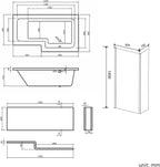 iBathUK Span Right Hand L-Shaped Shower Bath, Modern Straight Bathtub with Glass Screen & Matching Front Panel, L Shaped Bath Screen, 1600mm