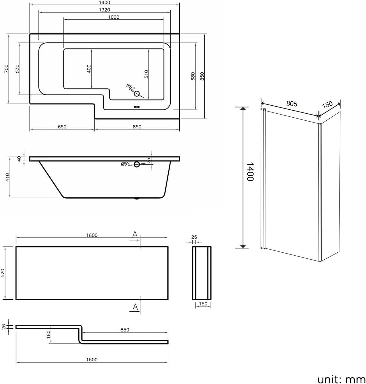 iBathUK Span Right Hand L-Shaped Shower Bath, Modern Straight Bathtub with Glass Screen & Matching Front Panel, L Shaped Bath Screen, 1600mm