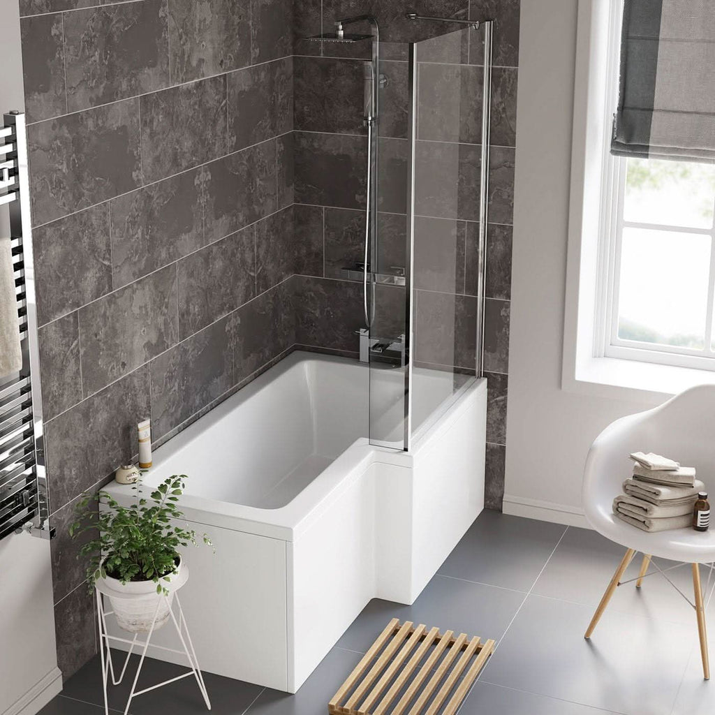 iBathUK Span Right Hand L-Shaped Shower Bath, Modern Straight Bathtub with Glass Screen & Matching Front Panel, L Shaped Bath Screen, 1600mm