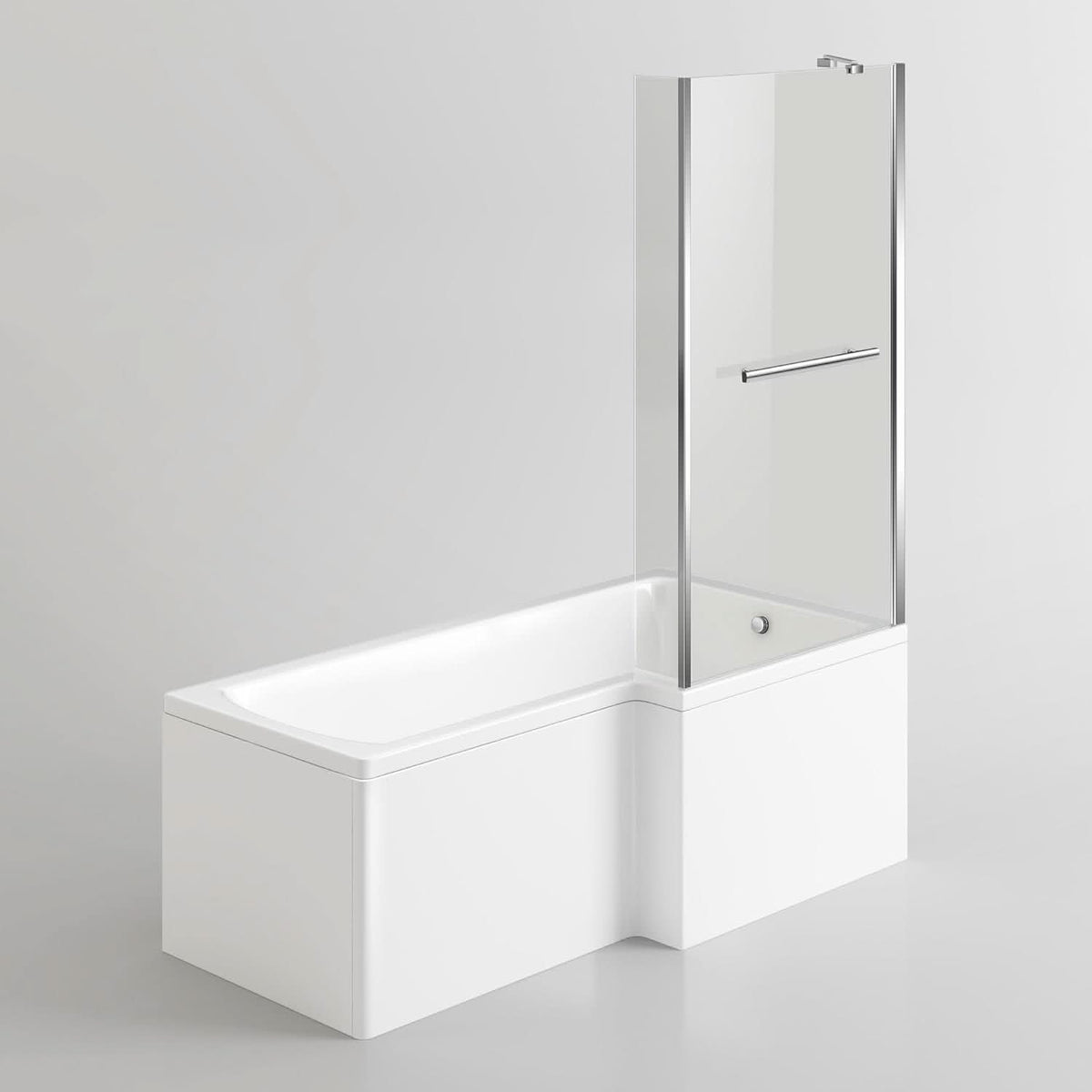 iBathUK Vault Right Hand L-Shaped Shower Bath, Modern Straight Acrylic Bathtub with Glass Screen & Matching Front Panel, L Shaped Bath Screen, 1500mm
