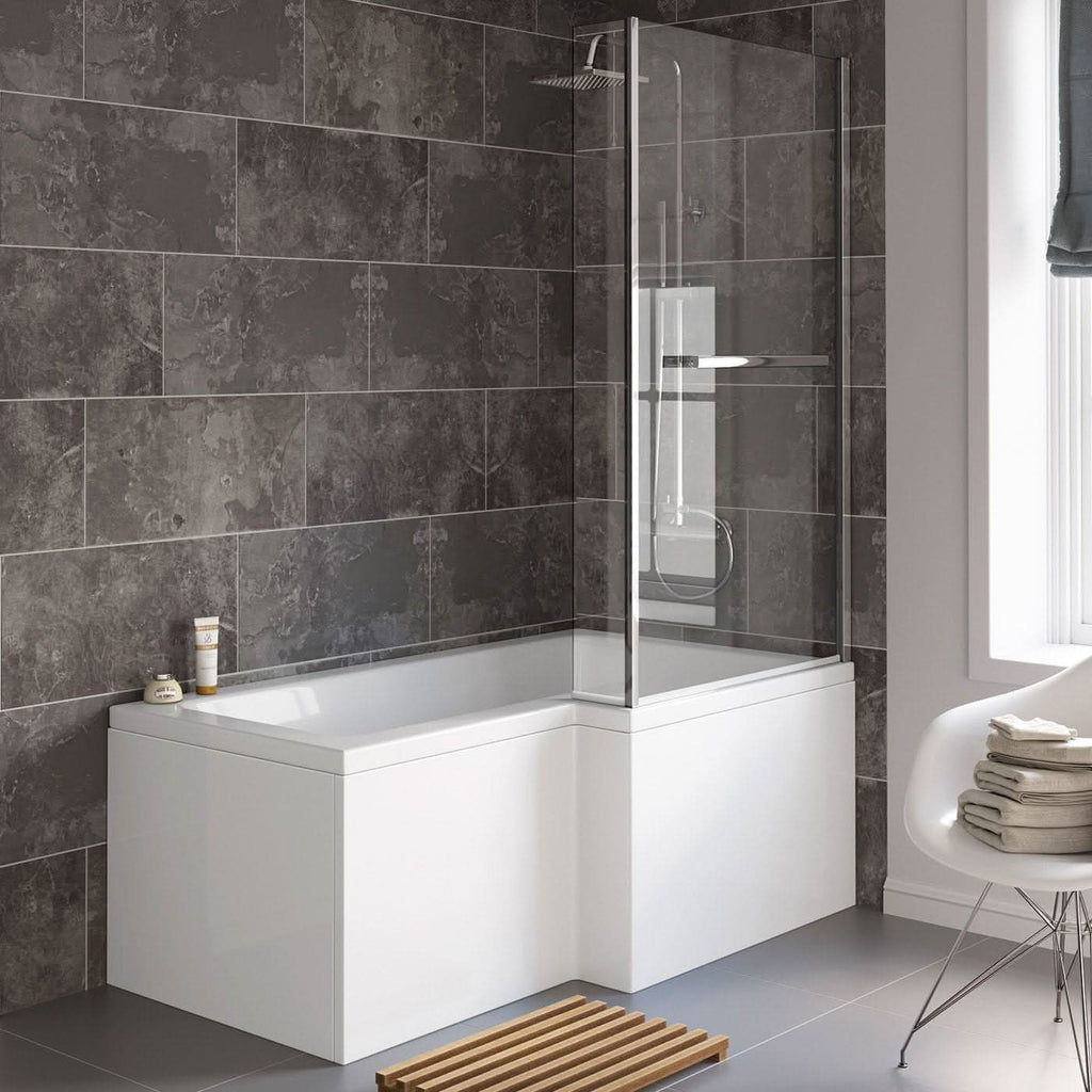 iBathUK Vault Right Hand L-Shaped Shower Bath, Modern Straight Acrylic Bathtub with Glass Screen & Matching Front Panel, L Shaped Bath Screen, 1500mm