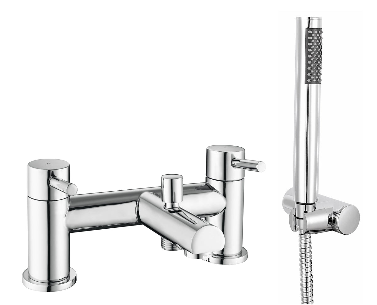 iBathUK Xylen Luxury Bath Filler Mixer Tap with Modern Shower Head, Chrome Twin Lever Deck Mounted Set, Basin with Mixer Tap