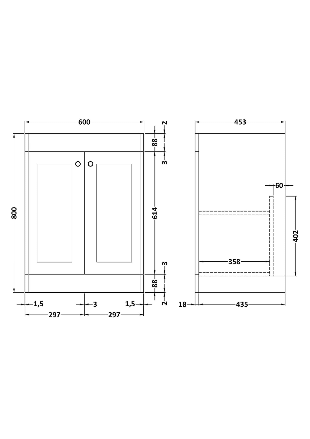 Hudson Reed Classique Components Floor Standing 2-Door Vanity Unit, Stylish Single Vanity Unit with Soft Close Doors, Soft Black, 600mm