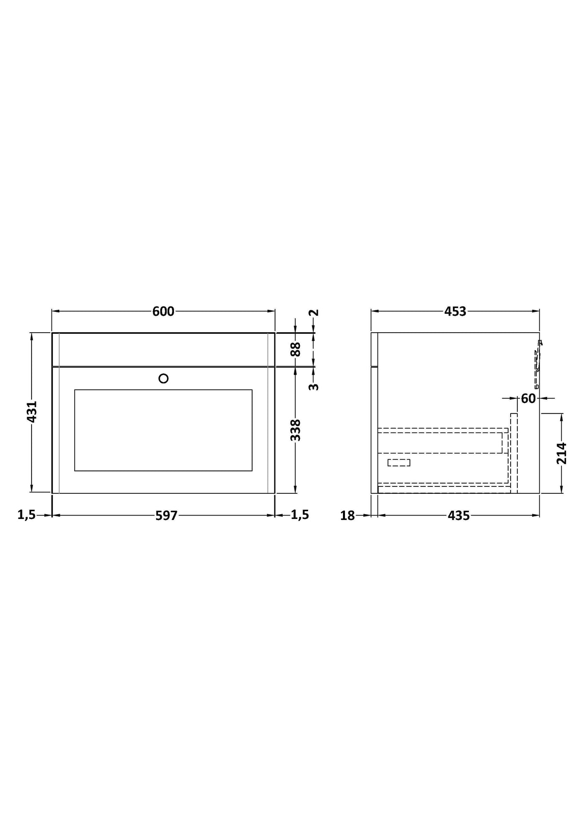 Hudson Reed Classique Components Wall Hung 1-Drawer Vanity Unit, Stylish Single Vanity Unit with Soft Close Drawer, Satin Grey, 600mm