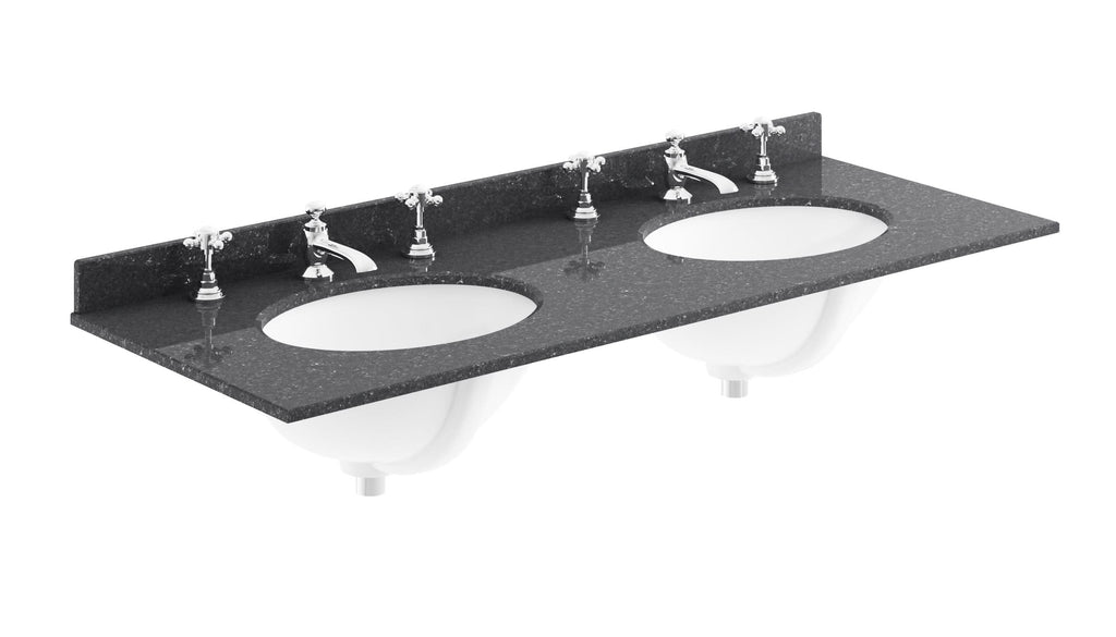 Old London Wall Mounted Double Bowl Marble Top Basin 3 Tap Hole, Twin Ceramic Wash Basins for Bathroom, Durable Bathroom Furniture in Premium Black Finish, 1200mm