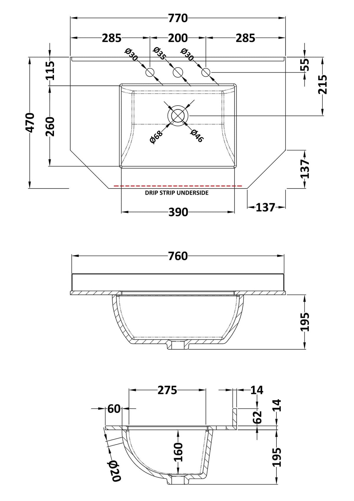 Old London Wall Hung Angled Marble Top Square Basin 3 Tap Hole, Durable Ceramic Basin with Natural Stone Countertop Top in Premium Grey Finish, 750mm
