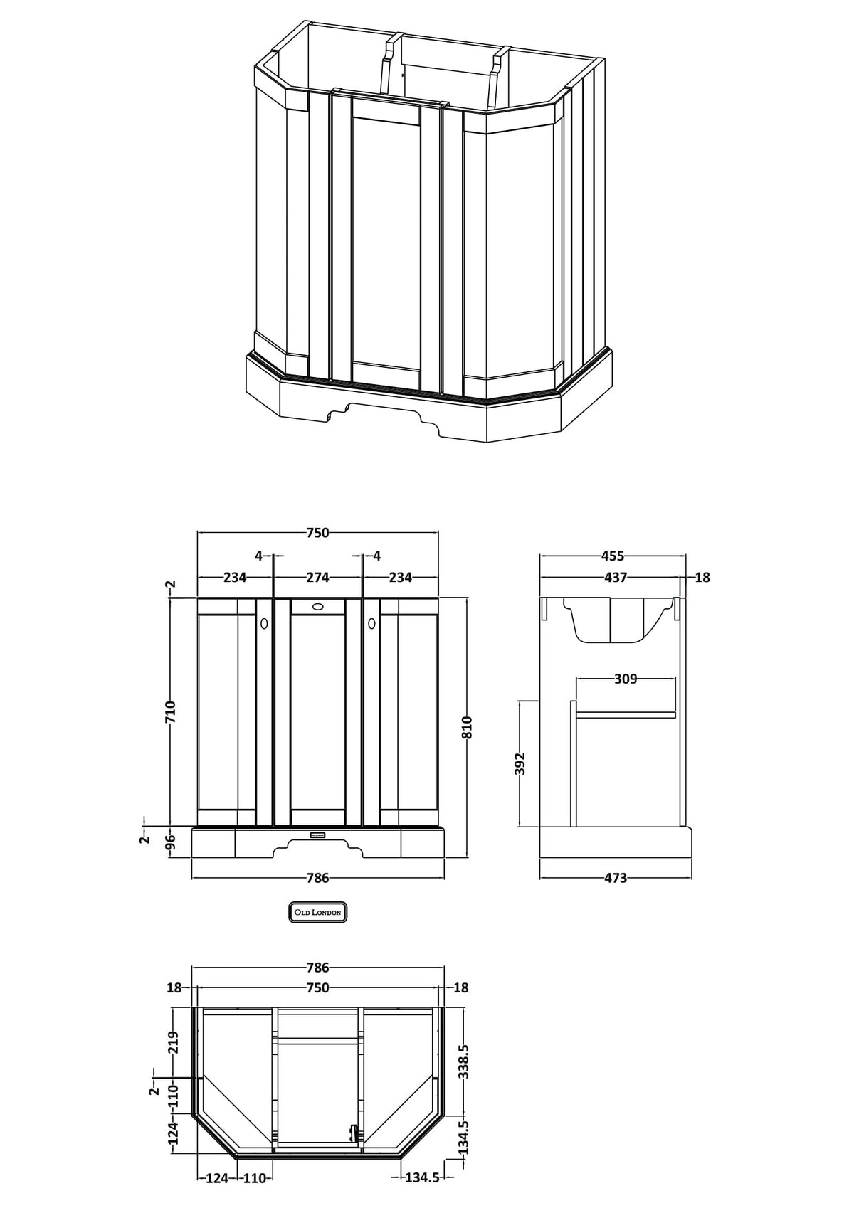 Old London Floor Standing Vanity Unit, Durable 2 Angled Door Sink Cabinet with Shelf, Traditional Bathroom Vanity Unit with Basin Storage in Matt Storm Grey, 750mm