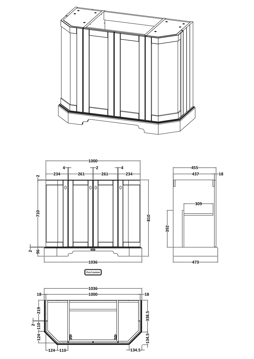 Old London Floor Standing Vanity Unit, Durable 4 Angled Door Sink Cabinet with Shelf, Traditional Bathroom Vanity Unit with Basin Storage in Matt Storm Grey, 1000mm