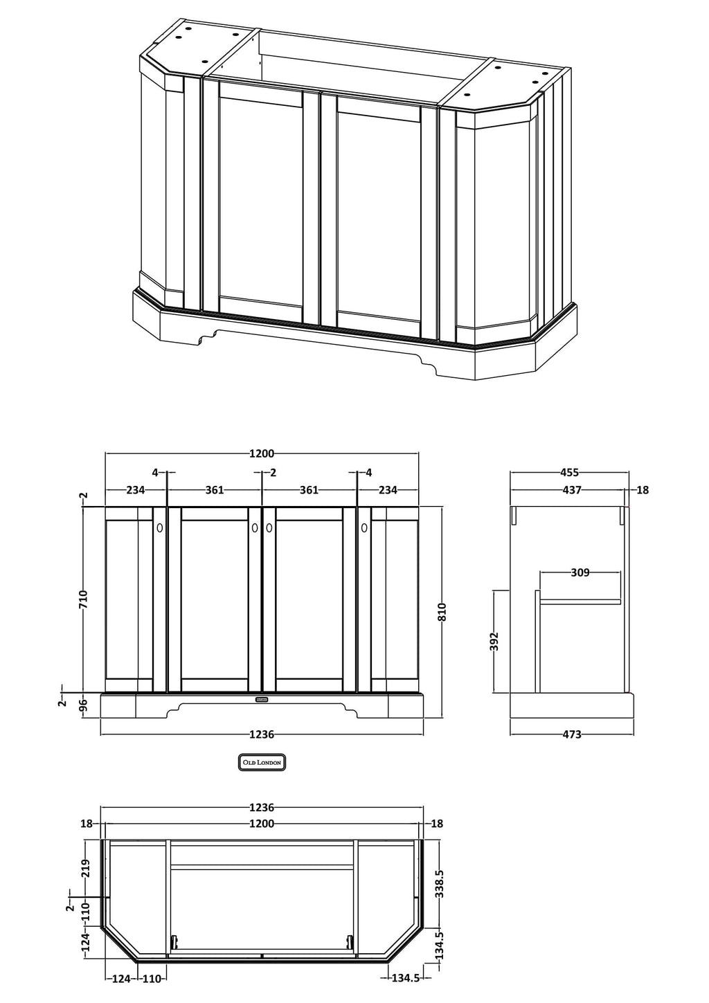 Old London Floor Standing Vanity Unit, Durable 4 Angled Door Sink Cabinet with Shelf, Traditional Bathroom Vanity Unit with Basin Storage in Matt Storm Grey, 1200mm