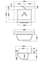 Old London Wall-Mounted Single Square Bowl Ceramic Basin 1 Tap Hole with Marble Work Top Bowl, Durable Wash Basin and Countertop for Modern Bathroom in White, 600mm