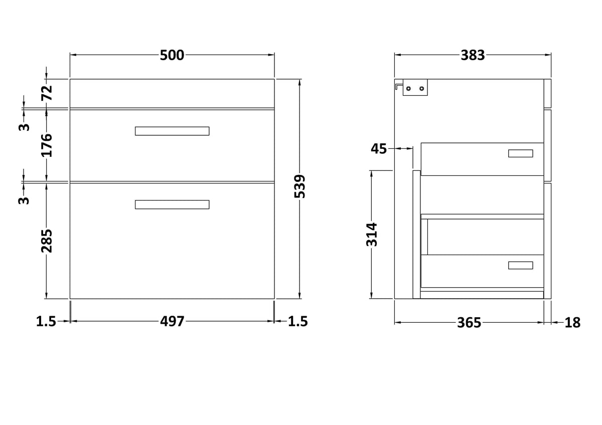 Hudson Reed Athena Wall Hung Vanity Unit, Durable 2 Soft Close Drawers Vanity in D Shape Handle with Storage for Modern Bathroom in Gloss White Finish, 500mm