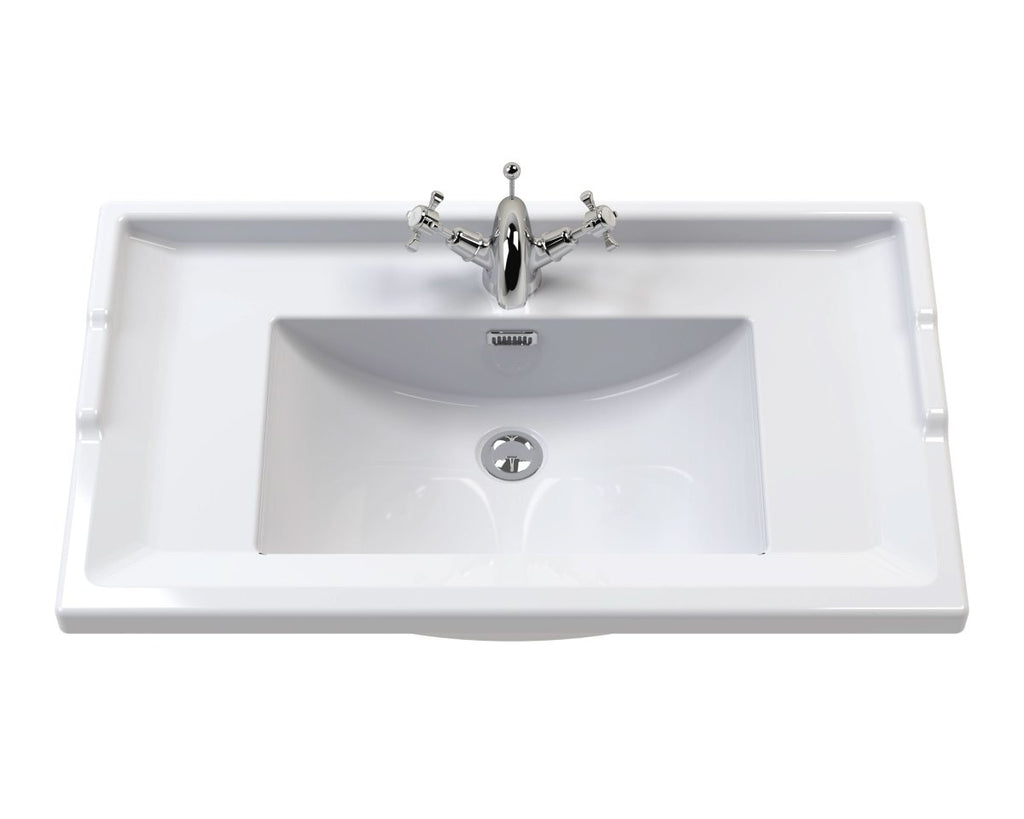 Old London Traditional 1 Tap Hole Wash Basin, Durable Ceramic Angular Sink Bowl for Compact Bathroom in White Finish, 1000mm