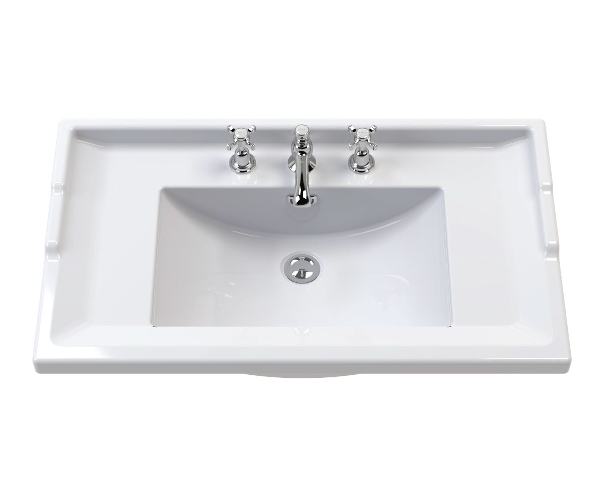 Old London Traditional 3 Tap Hole Wash Basin, Durable Ceramic Angular Sink Bowl for Compact Bathroom in White Finish, 800mm