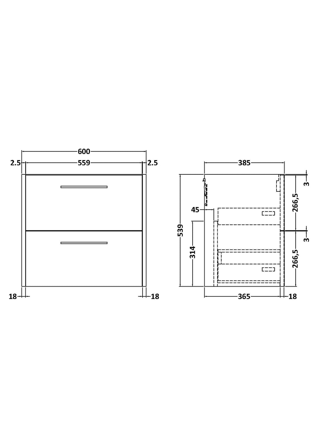 Hudson Reed Juno Wall Hung Vanity Unit, Durable 2 Soft Close Drawer with D Shape Handle Cabinet for Compact Bathroom in Coastal Grey Textured Woodgrain Finish, 600mm