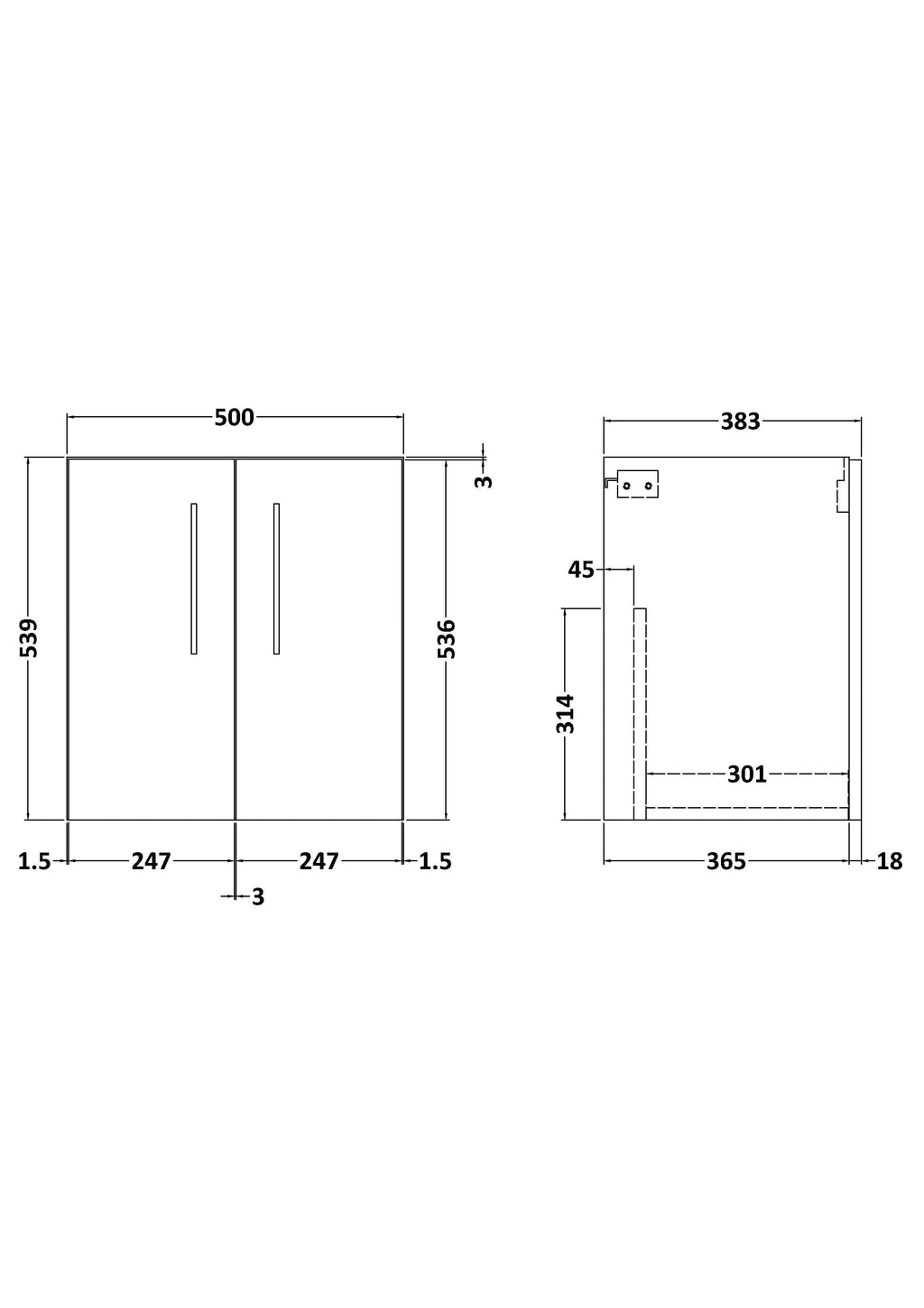 Hudson Reed Arno Wall Hung Vanity Unit, Durable 2 Soft Close Door Bathroom Sink Vanity Unit with Shelf in Gloss White, 500mm