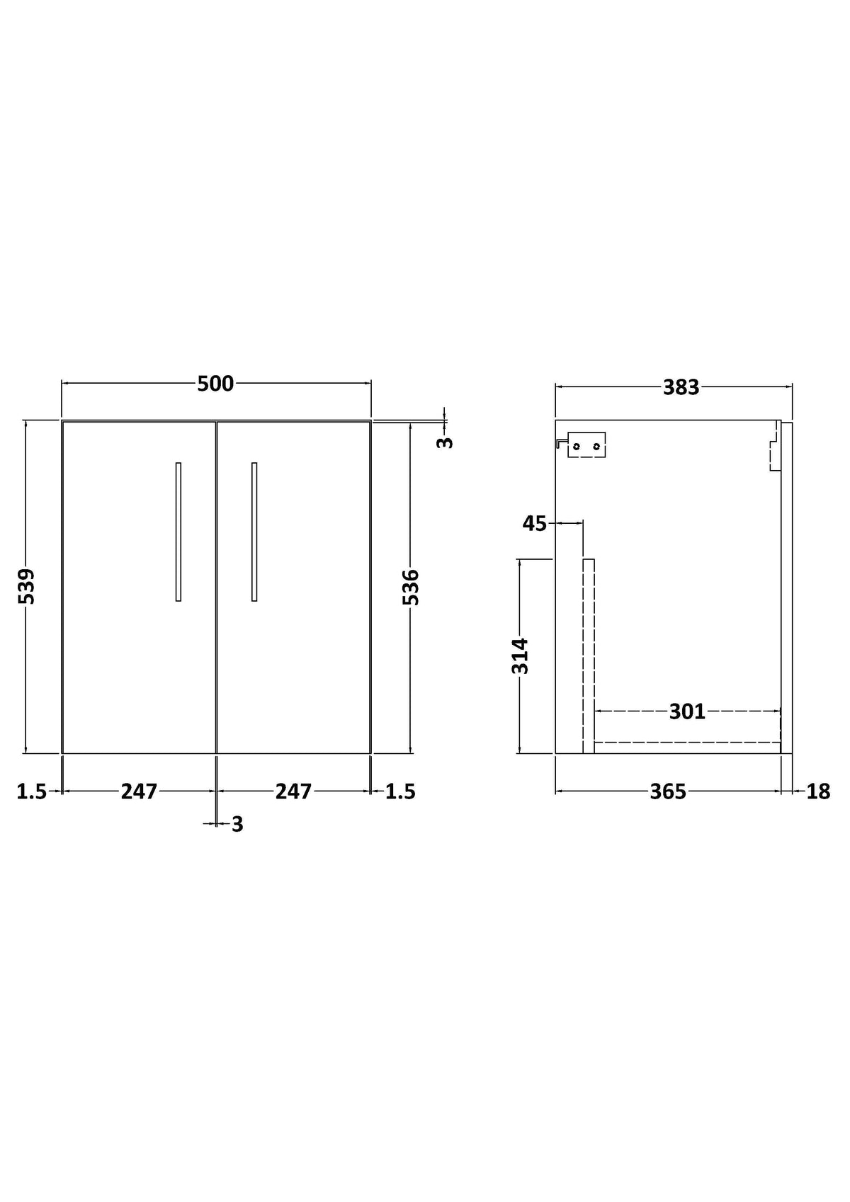 Hudson Reed Arno Wall Hung Vanity Unit, Durable 2 Soft Close Door Bathroom Sink Vanity Unit with Shelf in Gloss White, 500mm