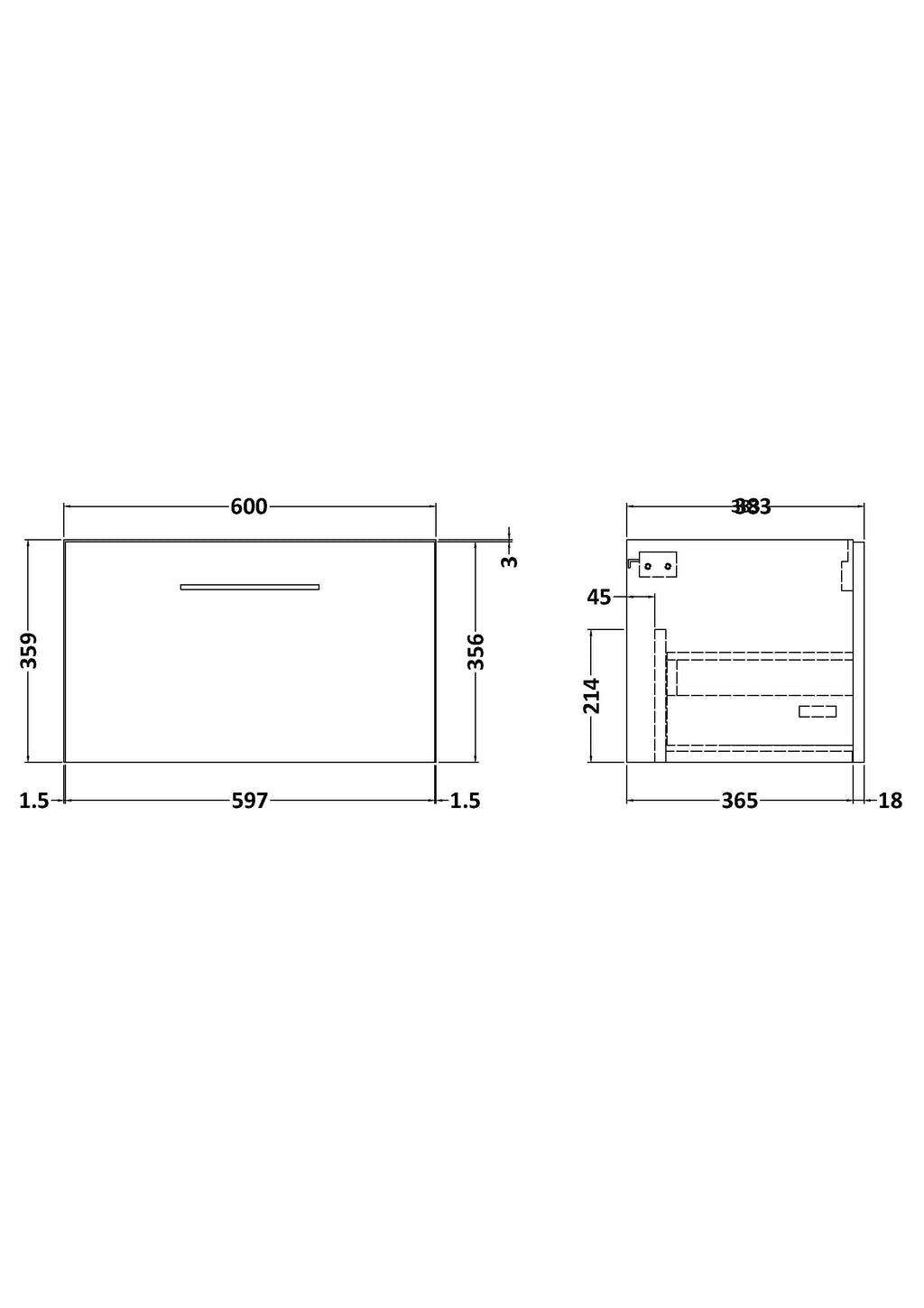 Hudson Reed Arno Wall Hung Vanity Unit, Durable Single Soft-Close Drawer with D-Shape Handle Vanity Unit for Modern Bathroom Setups in Gloss White Finish, 600mm