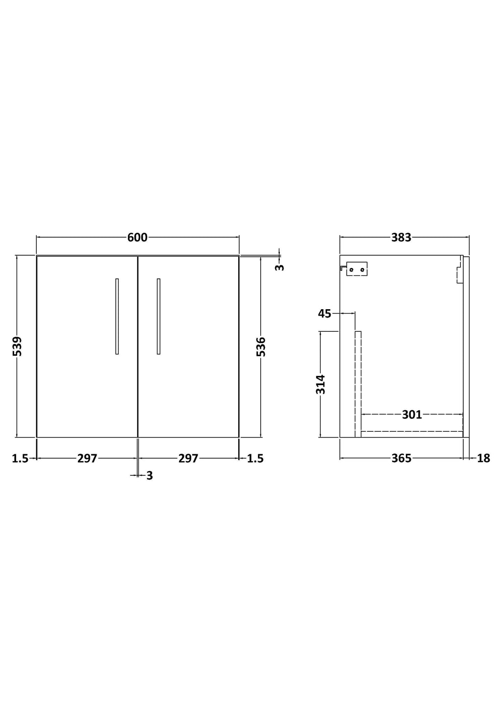 Hudson Reed Arno Wall Hung Vanity Unit, Durable 2 Soft-Close Doors with D-Shape Handles Vanity Unit for Modern Bathroom or Cloakroom in Gloss White Finish, 600mm