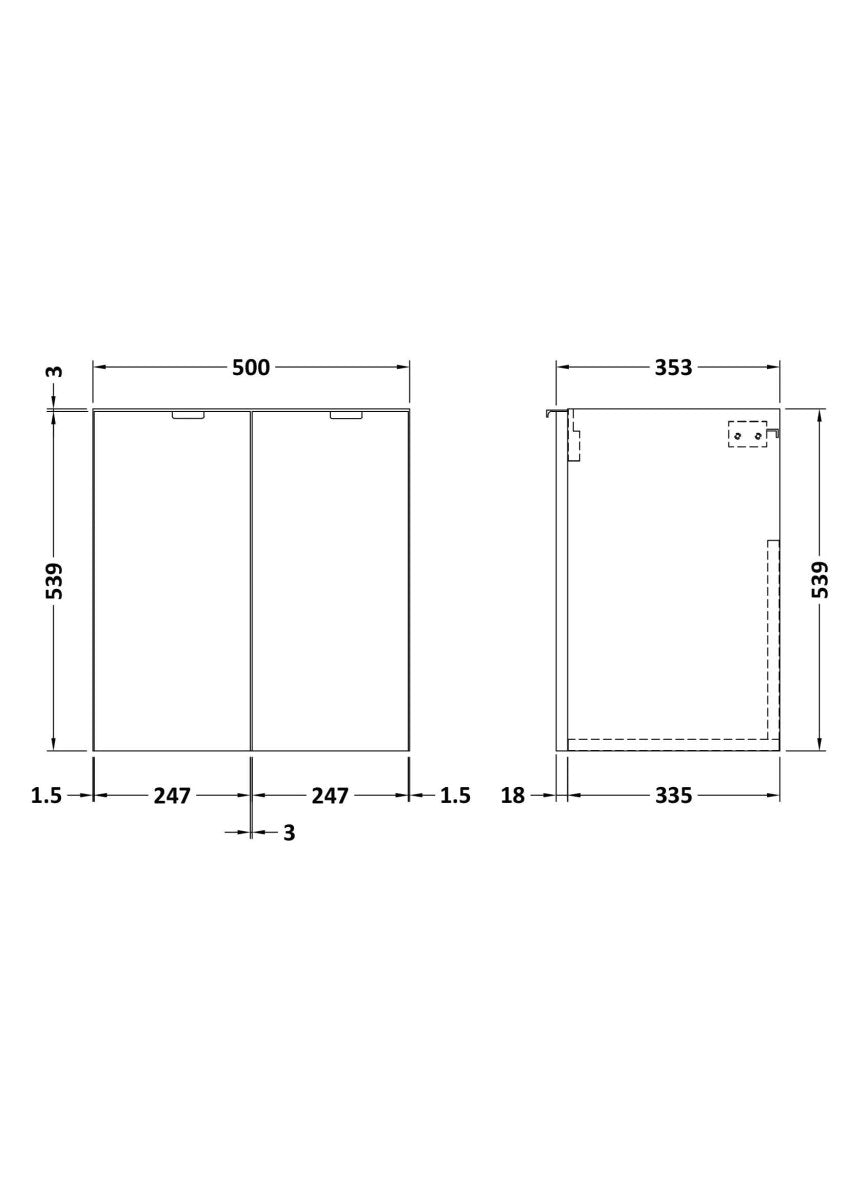 Hudson Reed Fusion Wall Hung 2 Soft Close Door Vanity Unit without Basin, Modern Bathroom Furniture in Gloss White Finish, 500mm