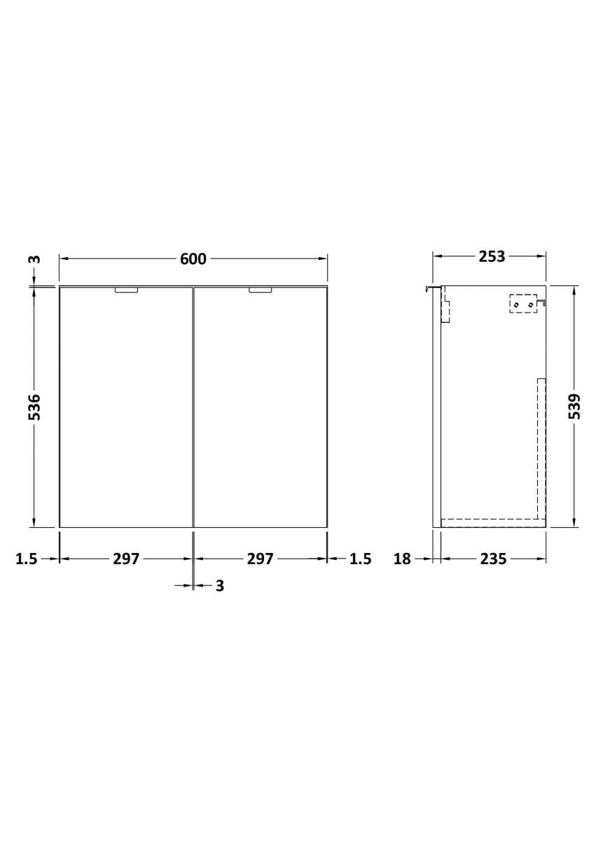 Hudson Reed Fusion Wall Hung 2 Soft Close Door Vanity Unit without Basin, Modern Compact Bathroom Storage in Gloss Grey Finish, 600mm
