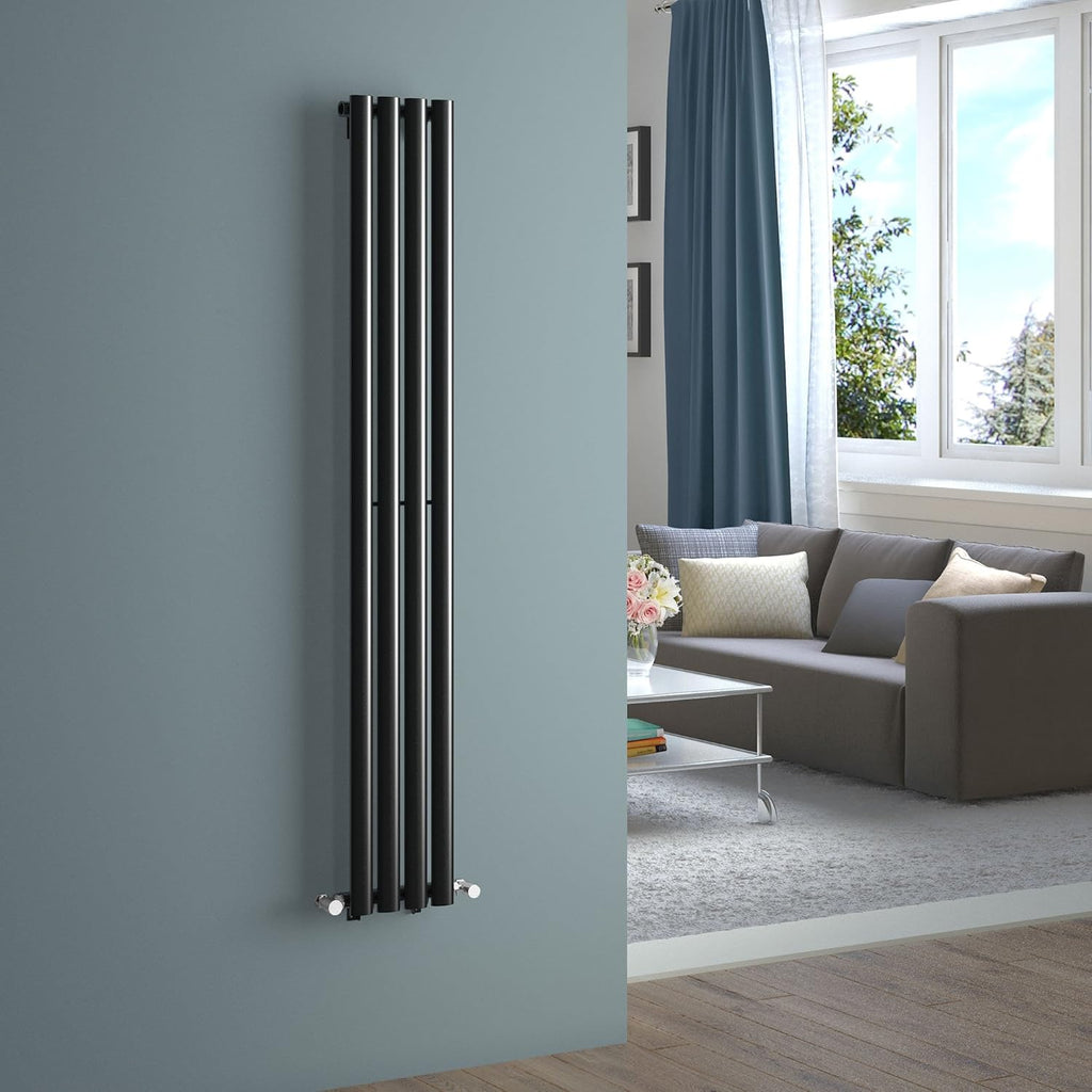 iBathUK Strata Designer Vertical Column Radiator, Oval Single Panel, Space-Saving Designer Radiator for Modern UK Homes, Balck, 1600 x 240 mm
