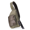 Olive green and brown Orvis Mini Sling Pack with adjustable padded strap, multiple zippered compartments, and mesh padding for comfortable fishing tackle storage.