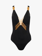 NAIA Beach Raquel Plunge Neck Interlaced Front Swimsuit - Black - Size 14