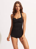 Seafolly Collective Boyleg Halter One-Piece Halterneck Swimsuit UK8 - Black