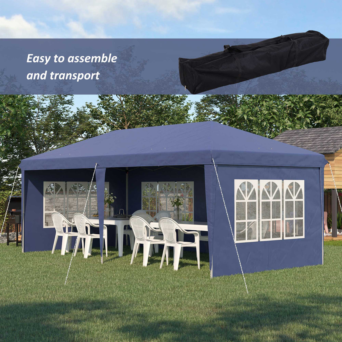 3 x 6m Garden Pop Up Gazebo, Height Adjustable Party Tent w/ Sidewalls & Storage Bag, Blue