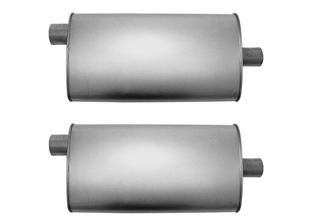 (2) 10 1/2" Oval Universal Muffler 26" OAL 2.50ID 2.25ID Offset Center