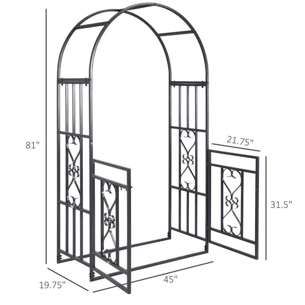 81" Metal Garden Arbor with Double Doors, Locking Gate, Vine Frame & Heart Motifs, Grey