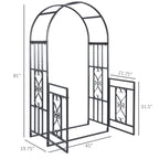 81" Metal Garden Arbor with Double Doors, Locking Gate, Vine Frame & Heart Motifs, Grey