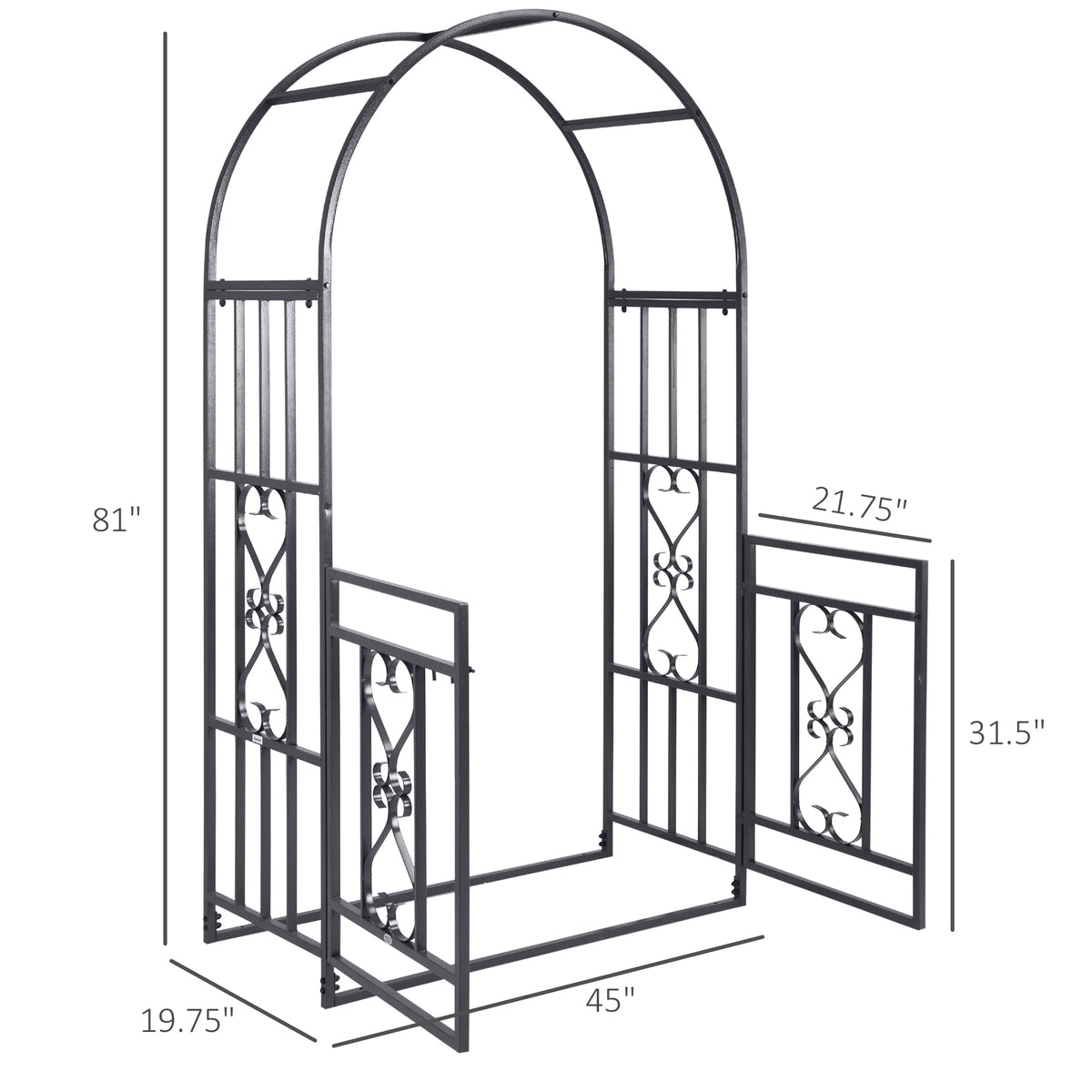 81" Metal Garden Arbor with Double Doors, Locking Gate, Vine Frame & Heart Motifs, Grey