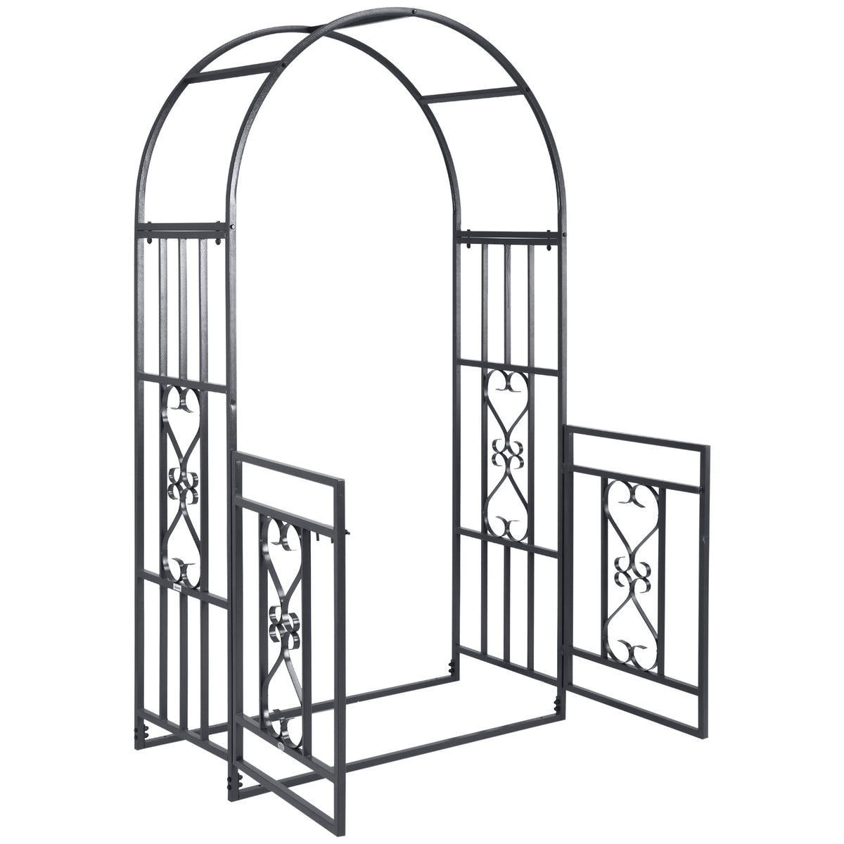 81" Metal Garden Arbor with Double Doors, Locking Gate, Vine Frame & Heart Motifs, Grey