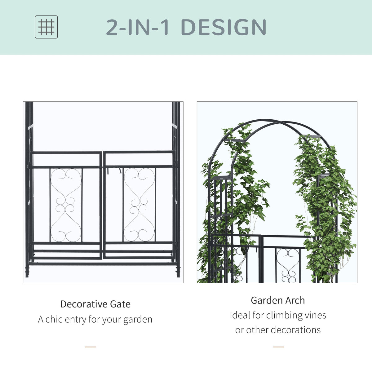 81" Metal Garden Arbor with Double Doors, Locking Gate, Vine Frame & Heart Motifs, Grey