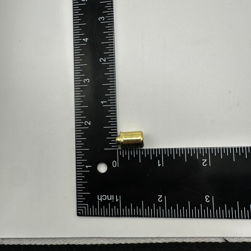 Two brass-plated steel bullet catches for cabinet doors with a cylindrical shape and a flat base for mounting. showing size large 